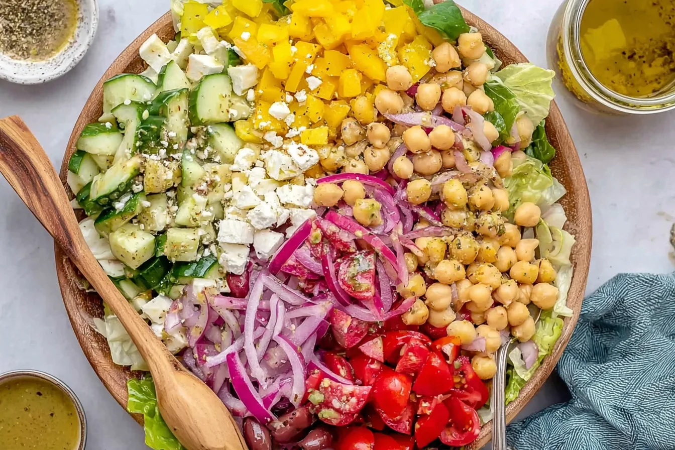 Mediterranean-Style Chopped Salad in a wooden bowl with chickpeas, feta, cucumbers, tomatoes, red onion, peppers, and oregano vinaigrette.