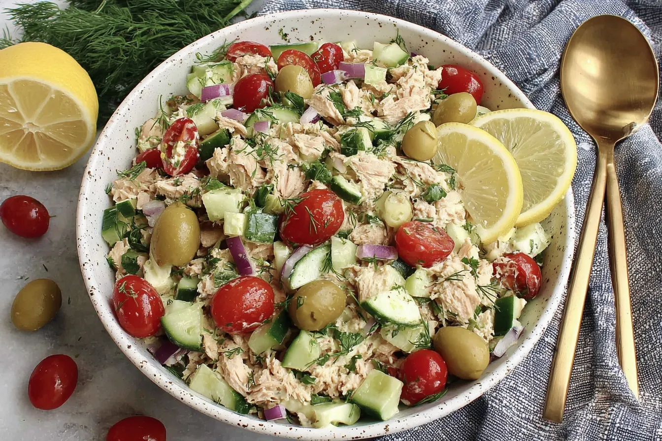 Mediterranean Tuna Salad with lemon slices, olives, cucumbers and fresh dill in a white bowl