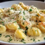 Millionaire Gnocchi with Creamy Sauce topped with freshly grated parmesan and herbs in a creamy garlic sauce