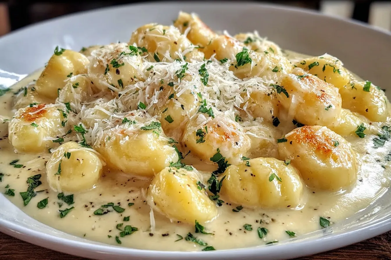 Millionaire Gnocchi with Creamy Sauce topped with freshly grated parmesan and herbs in a creamy garlic sauce