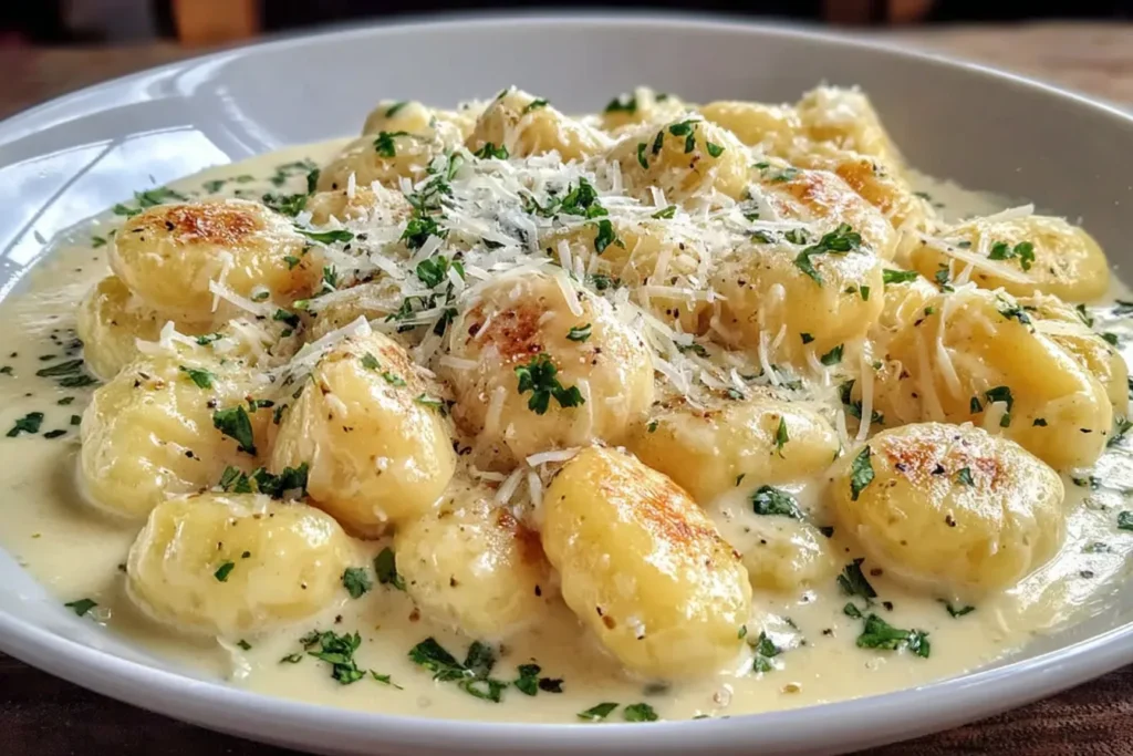 Millionaire Gnocchi with Creamy Sauce served in a white bowl with parmesan, parsley, and golden seared gnocchi