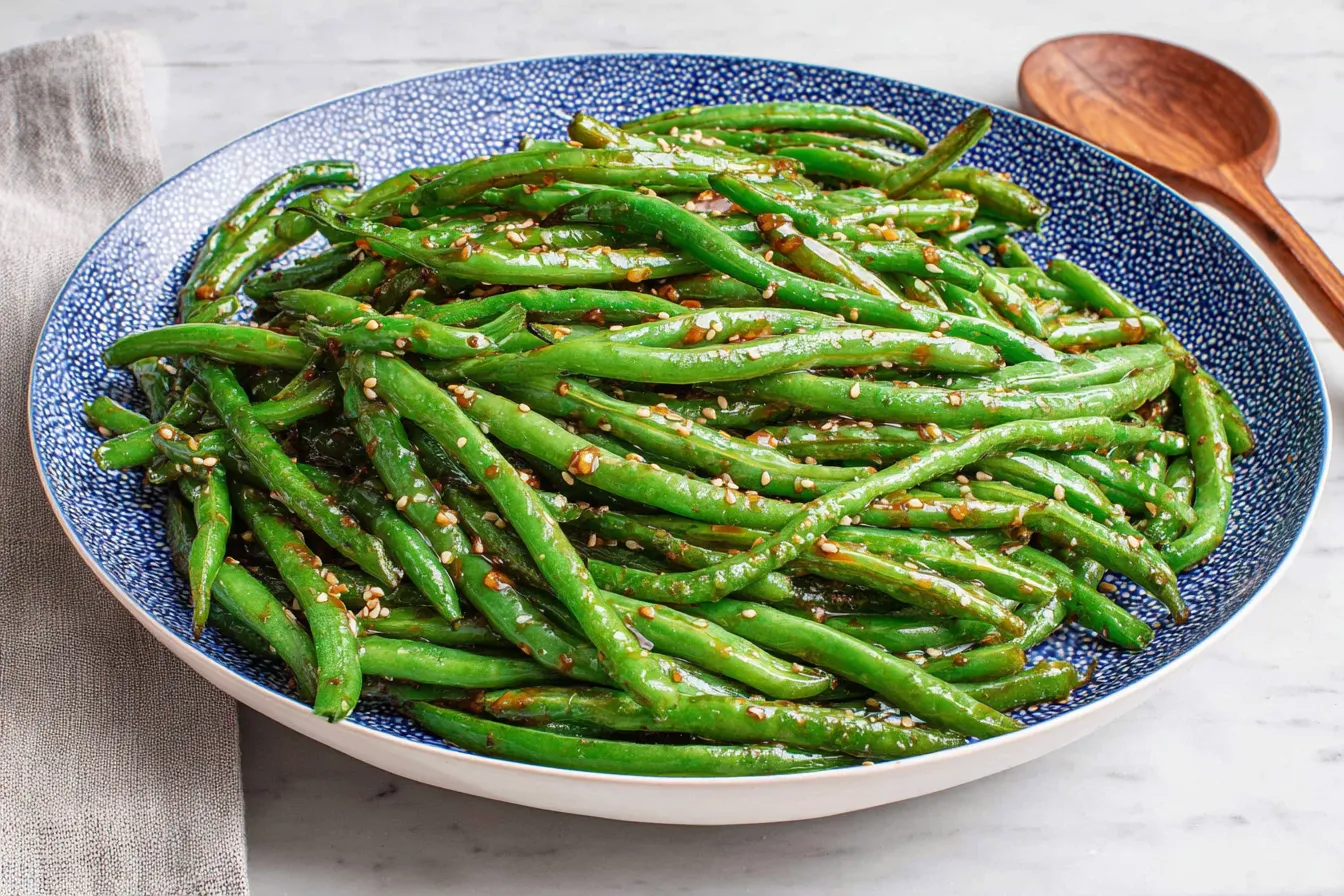 Miso Green Beans served in a blue bowl with sesame seeds and savory miso sauce