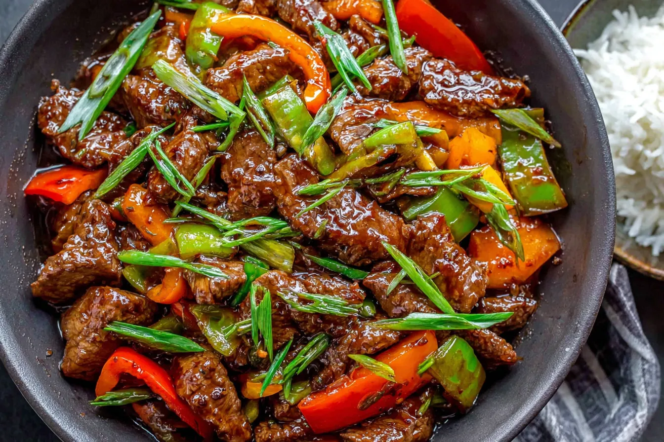Homemade Mongolian Beef with bell peppers and green onions served with steamed rice