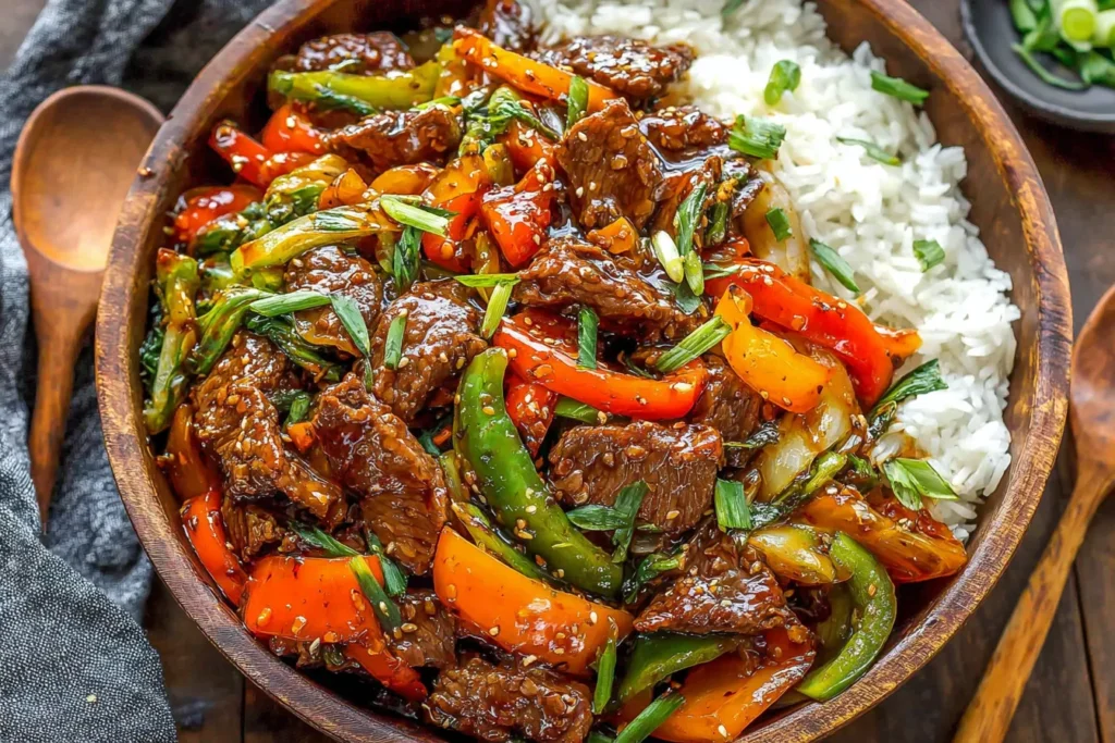 Mongolian Beef served over white rice with bell peppers and green onions in a wooden bowl