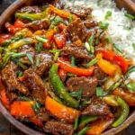 Mongolian Beef served over white rice with bell peppers and green onions in a wooden bowl