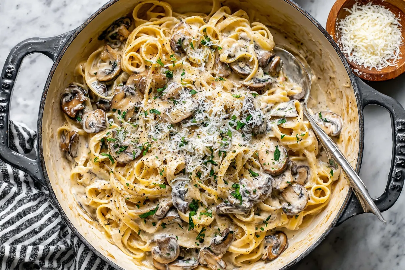 Mushroom Cream Sauce Pasta in skillet with fettuccine and creamy garlic mushroom sauce