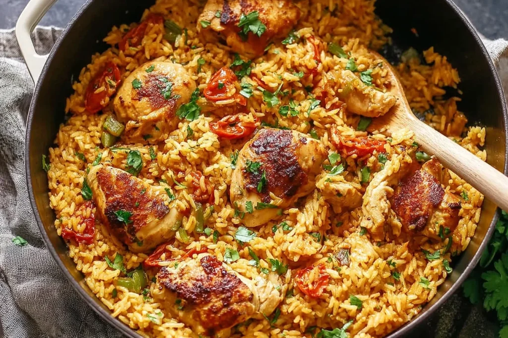 Nando’s Portuguese Chicken and Rice in a skillet with golden spiced basmati rice, seared chicken thighs, peppers, and fresh herbs.