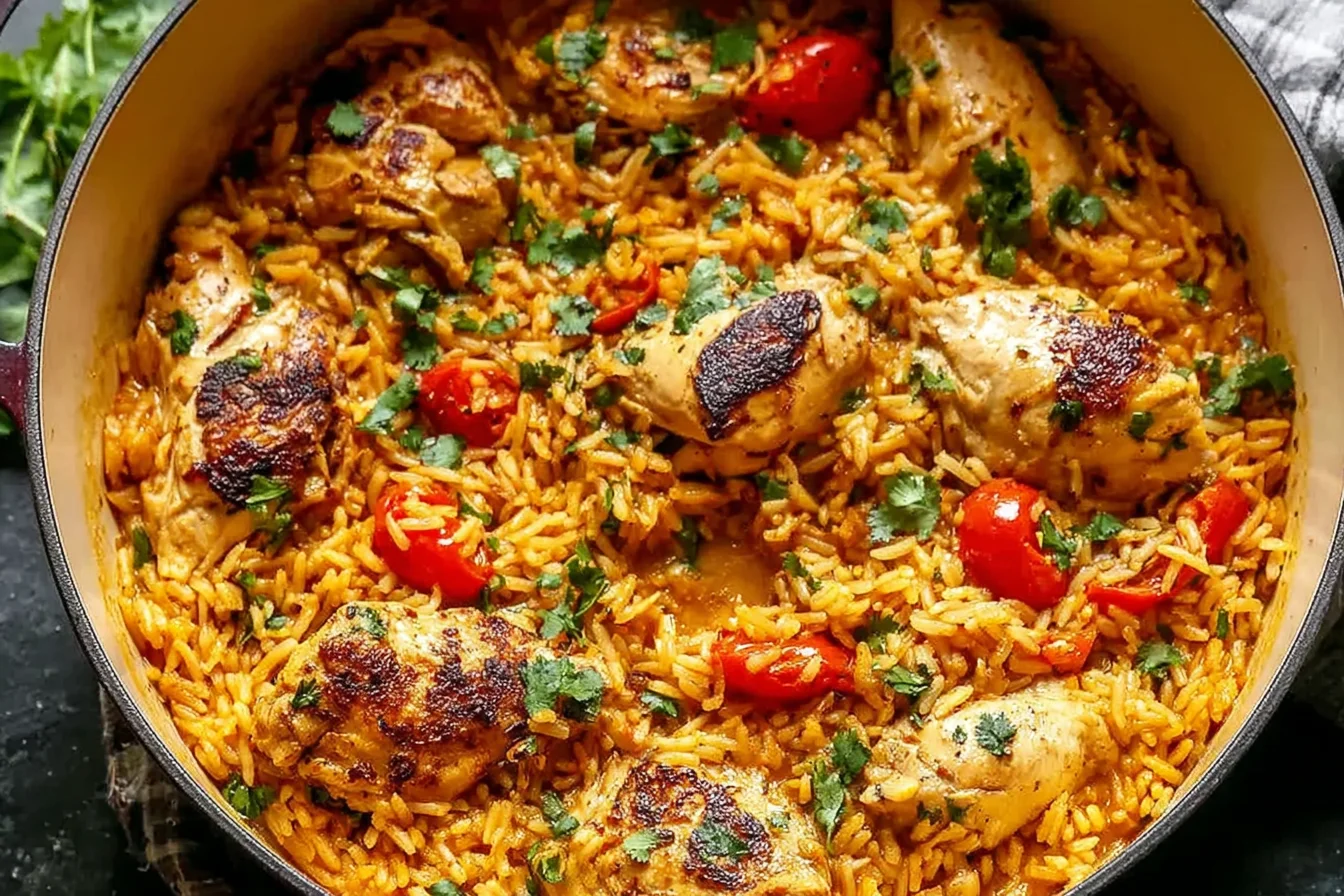 Nando’s Portuguese Chicken and Rice in a pot with fluffy golden basmati rice, charred chicken thighs, burst tomatoes, and fresh herbs.