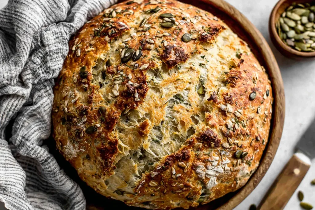 No Knead Seeded Oat Bread with golden crust and seeded topping fresh from the oven