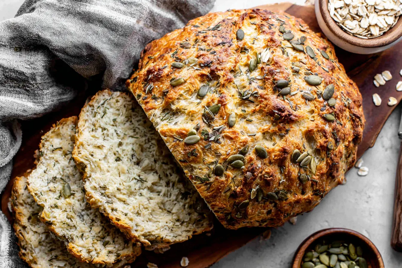 No Knead Seeded Oat Bread sliced to show soft, hearty crumb with oats and seeds