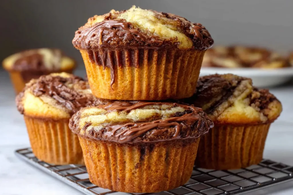 Freshly baked Nutella Banana Swirl Muffins cooling on a wire rack