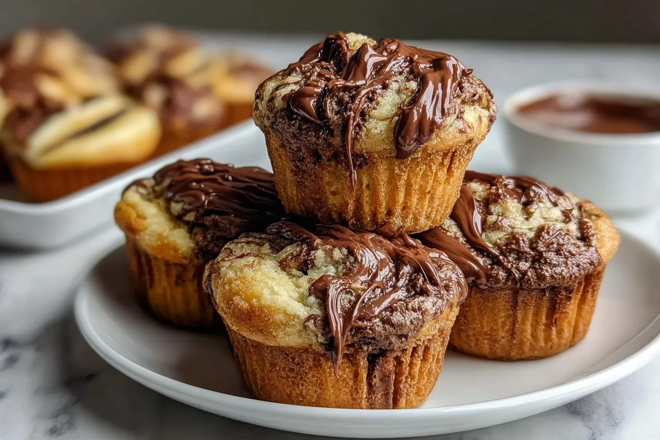 Nutella Banana Swirl Muffins stacked on a plate with rich chocolate drizzle