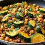 Ground Turkey Zucchini Chickpea Skillet in a pan with seasoned ground turkey, sliced zucchini, chickpeas, and fresh parsley.