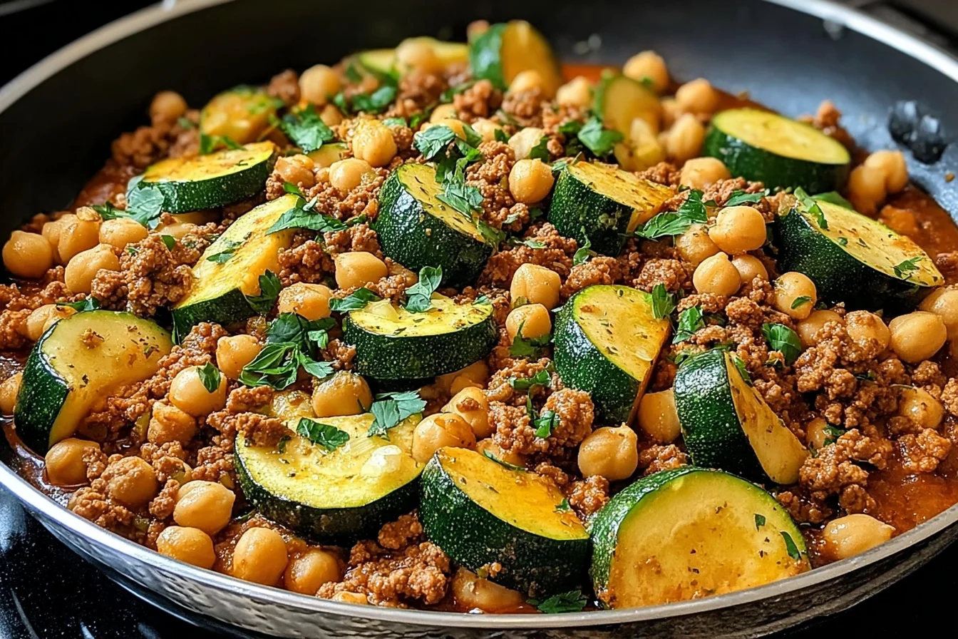 Ground Turkey Zucchini Chickpea Skillet in a pan with seasoned ground turkey, sliced zucchini, chickpeas, and fresh parsley.