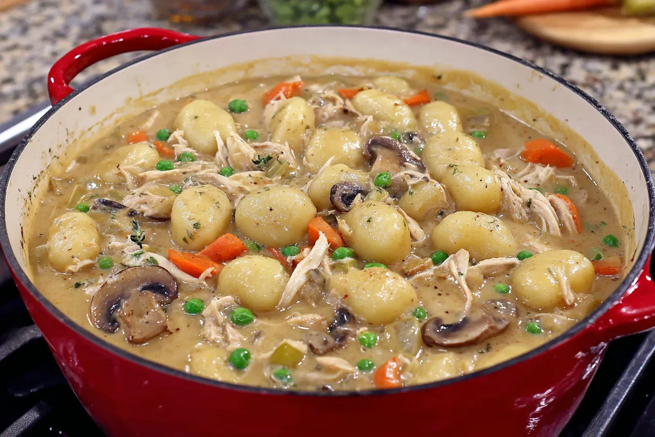 One Pot Gnocchi Chicken Pot Pie Recipe cooking in a red Dutch oven with gnocchi, shredded chicken, mushrooms, carrots, and peas