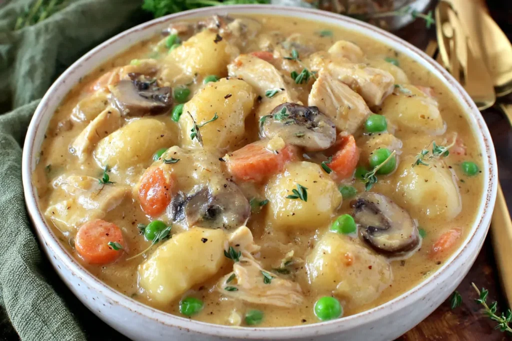 One Pot Gnocchi Chicken Pot Pie Recipe served in a bowl with tender gnocchi, shredded chicken, peas, carrots, and mushrooms in a creamy sauce