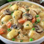 One Pot Gnocchi Chicken Pot Pie Recipe served in a bowl with tender gnocchi, shredded chicken, peas, carrots, and mushrooms in a creamy sauce