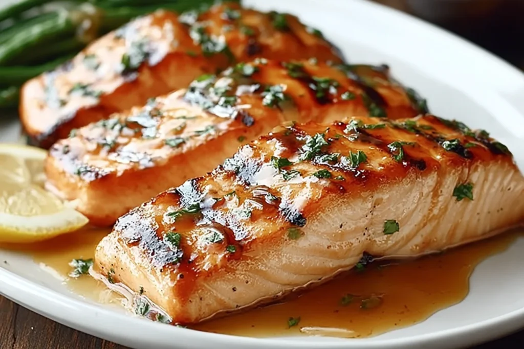 Oven-Baked Texas Roadhouse-Style Salmon fillets with a smoky glaze, sprinkled with parsley, served with lemon and green beans on a white plate.
