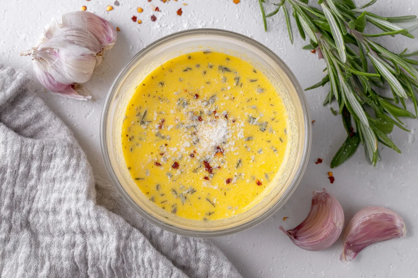 Creamy Parmesan Vinaigrette topped with herbs, garlic, and red pepper flakes in a glass bowl