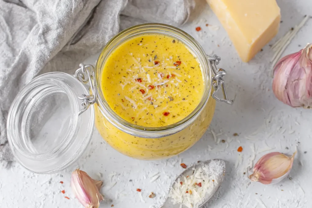 Parmesan Vinaigrette in a glass jar with garlic cloves and freshly grated parmesan cheese on a light surface
