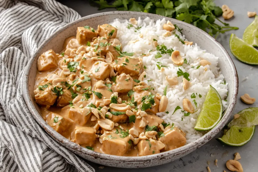 Peanut Tofu with Coconut Rice in a rustic bowl with coconut rice, peanut sauce–coated tofu, cilantro, and crushed peanuts