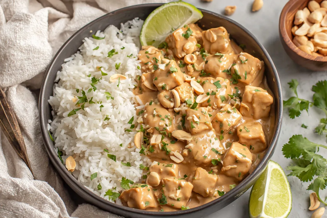 Peanut Tofu with Coconut Rice served in a bowl with creamy peanut sauce, fluffy white rice, lime wedges, and chopped peanuts
