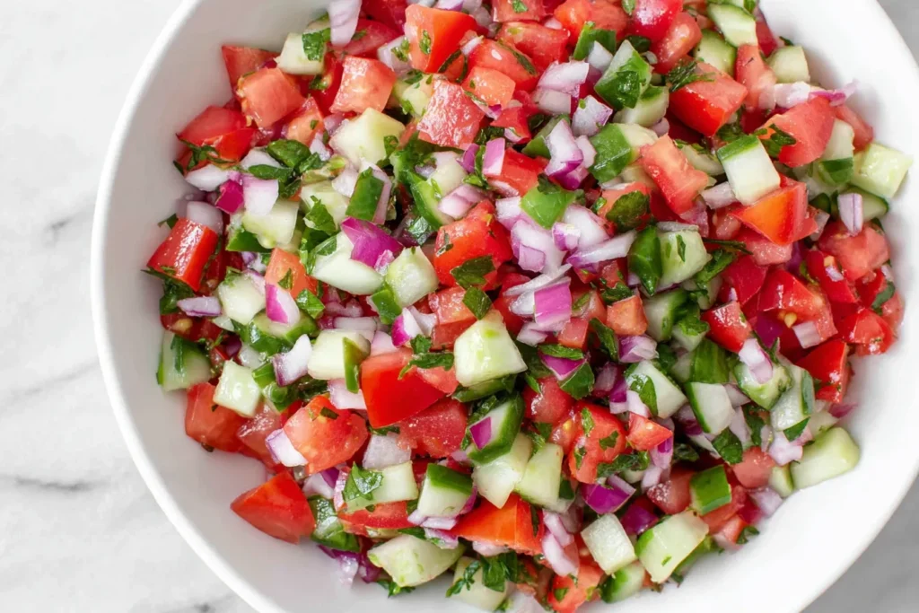 Persian Shirazi Salad made with cucumbers tomatoes herbs and lemon dressing