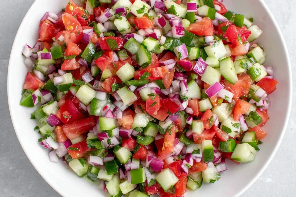 Persian Shirazi Salad with finely chopped cucumbers tomatoes and red onion in a white bowl