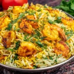 Persian Shrimp and Rice (Meygoo Polo) with saffron basmati rice, herbs, and golden shrimp