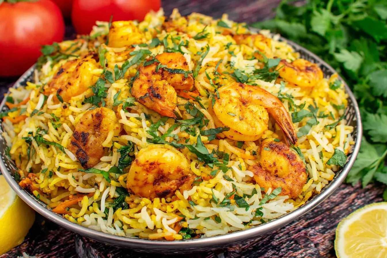 Persian Shrimp and Rice (Meygoo Polo) with saffron basmati rice, herbs, and golden shrimp