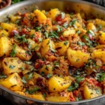Potato Curry Recipe with chunky Yukon Gold potatoes, turmeric, tomatoes, and chopped cilantro