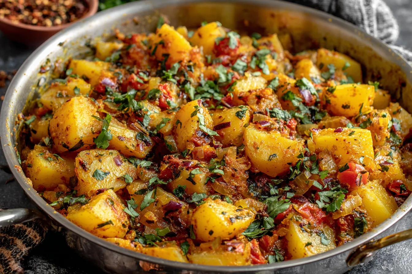 Potato Curry Recipe with chunky Yukon Gold potatoes, turmeric, tomatoes, and chopped cilantro