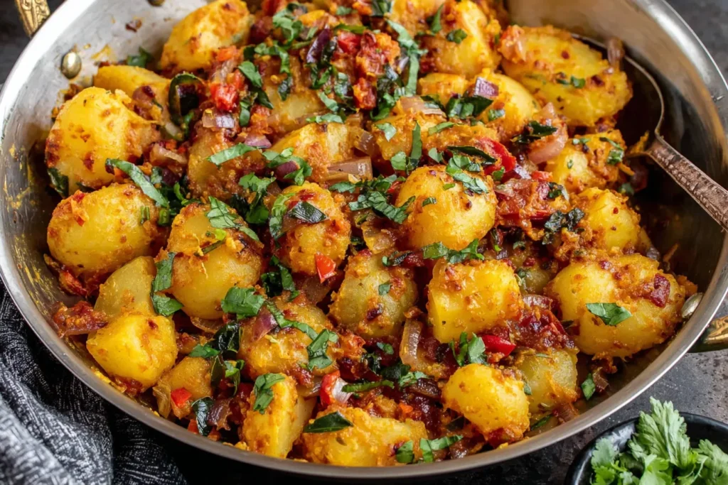 Potato Curry Recipe made with baby Yukon Gold potatoes, mustard seeds, curry leaves, and fresh cilantro in a skillet
