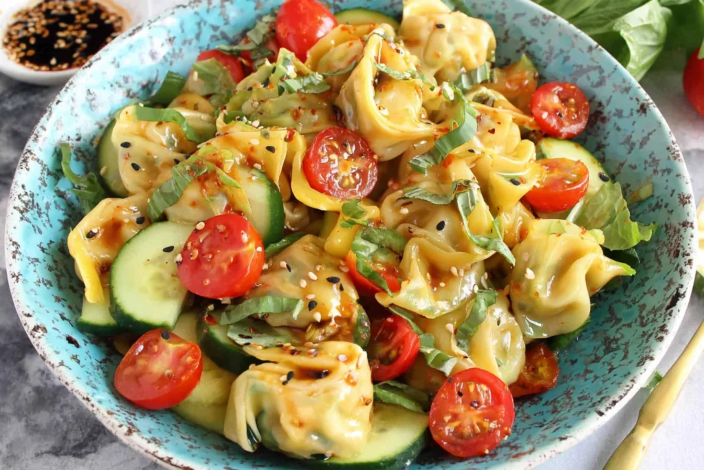 Potsticker Salad Recipe served in a rustic blue bowl with gyoza dumplings, sliced cucumbers, cherry tomatoes, fresh basil, sesame seeds, and chili sauce.