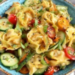 Potsticker Salad Recipe in a blue bowl with steamed gyoza dumplings, sliced cucumbers, cherry tomatoes, basil, and sesame seeds.
