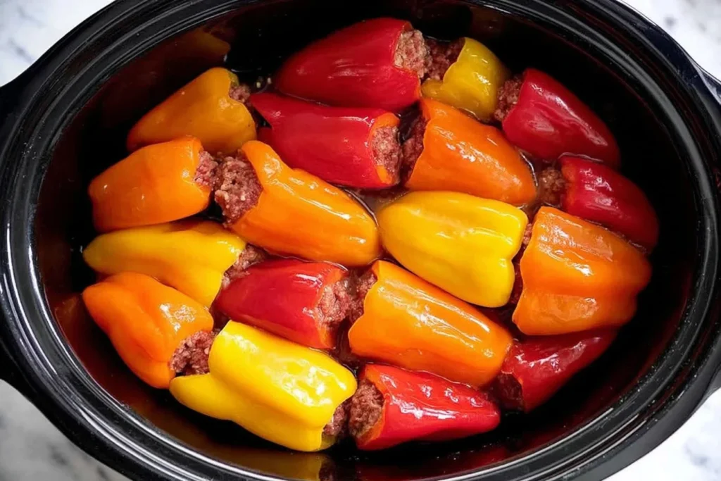 Crockpot Sausage-Stuffed Mini Sweet Peppers stuffed with Italian sausage arranged in a slow cooker before cooking, showing red, orange, and yellow peppers.