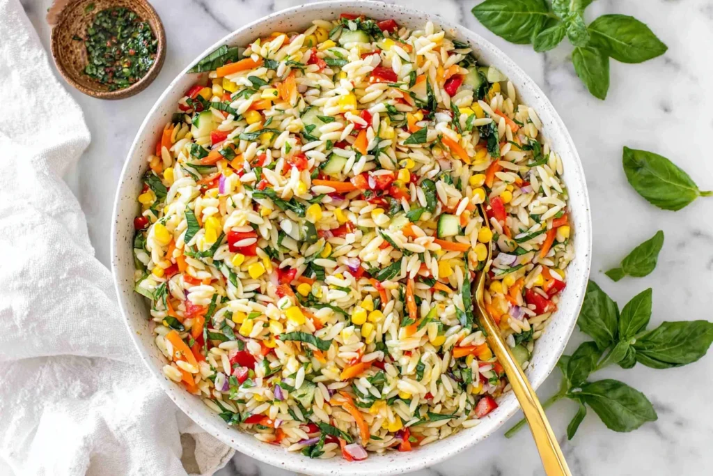 Rainbow Orzo Salad in a white bowl with corn, cucumber, bell peppers, red onion, basil, and a spoon—fresh and vibrant.