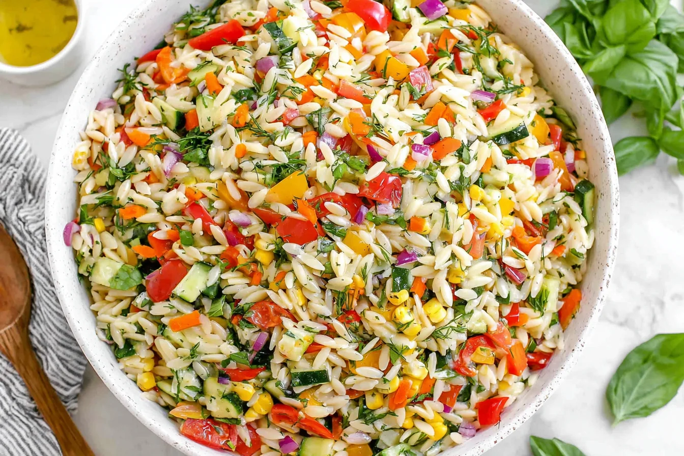 Rainbow Orzo Salad in a large bowl with colorful bell peppers, cucumber, corn, red onion, and fresh herbs with lemon herb dressing.