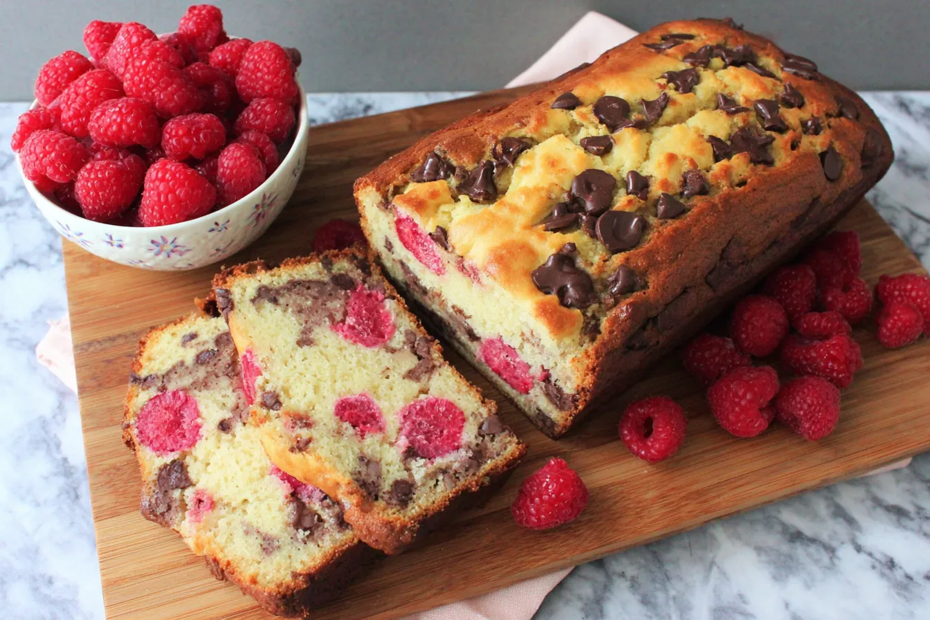 Homemade Raspberry Dark Chocolate Banana Bread with chocolate chips and fresh raspberries on marble background