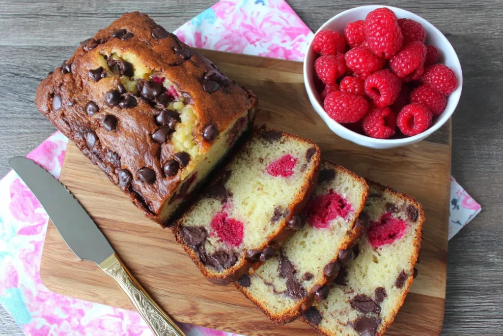 Sliced Raspberry Dark Chocolate Banana Bread with melted chocolate chunks and fresh raspberries on wooden board
