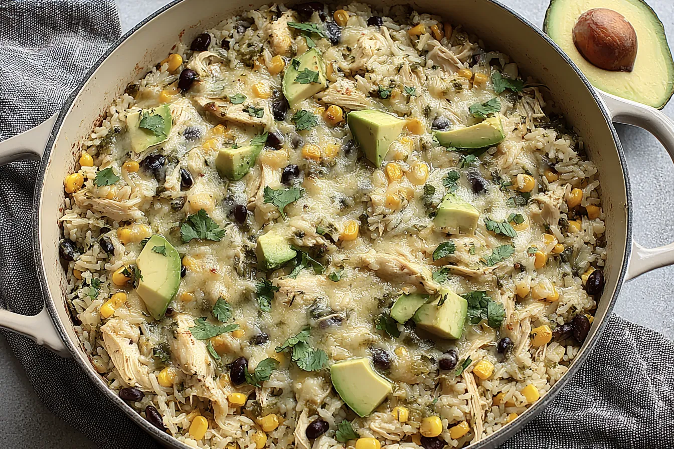 Salsa Verde Chicken & Rice Skillet with shredded rotisserie chicken, long grain rice, black beans, corn and melted Monterey Jack cheese