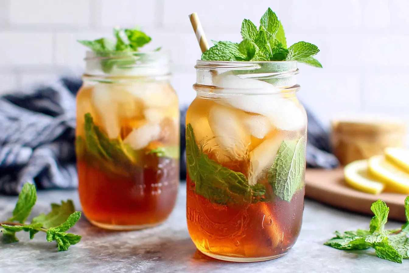 Simple Honey Mint Green Iced Tea in mason jars with fresh mint leaves and ice cubes
