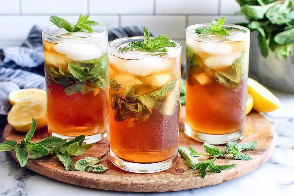Simple Honey Mint Green Iced Tea served in tall glasses with fresh mint, lemon slices, and ice on a wooden board