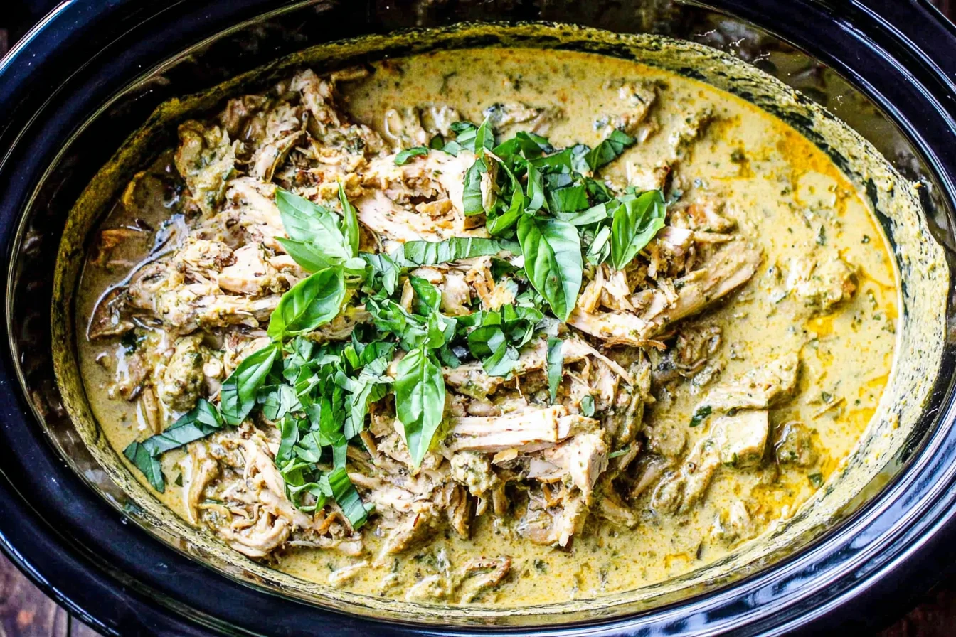 Top view of Slow Cooker Basil Chicken Coconut Curry in a crockpot, with shredded chicken in creamy coconut curry sauce topped with fresh basil.
