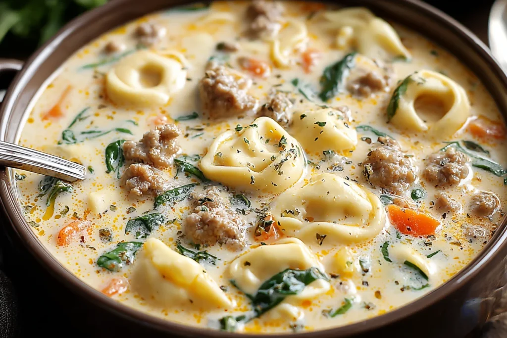 Slow Cooker Creamy Sausage & Tortellini Soup close-up with cheesy tortellini, sausage crumbles, spinach, and carrots in a creamy broth.