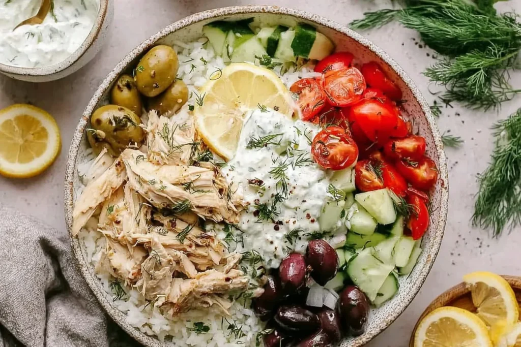 Slow Cooker Greek Chicken Recipe bowl with shredded lemon herb chicken, rice, tzatziki, cucumbers, tomatoes, and olives.