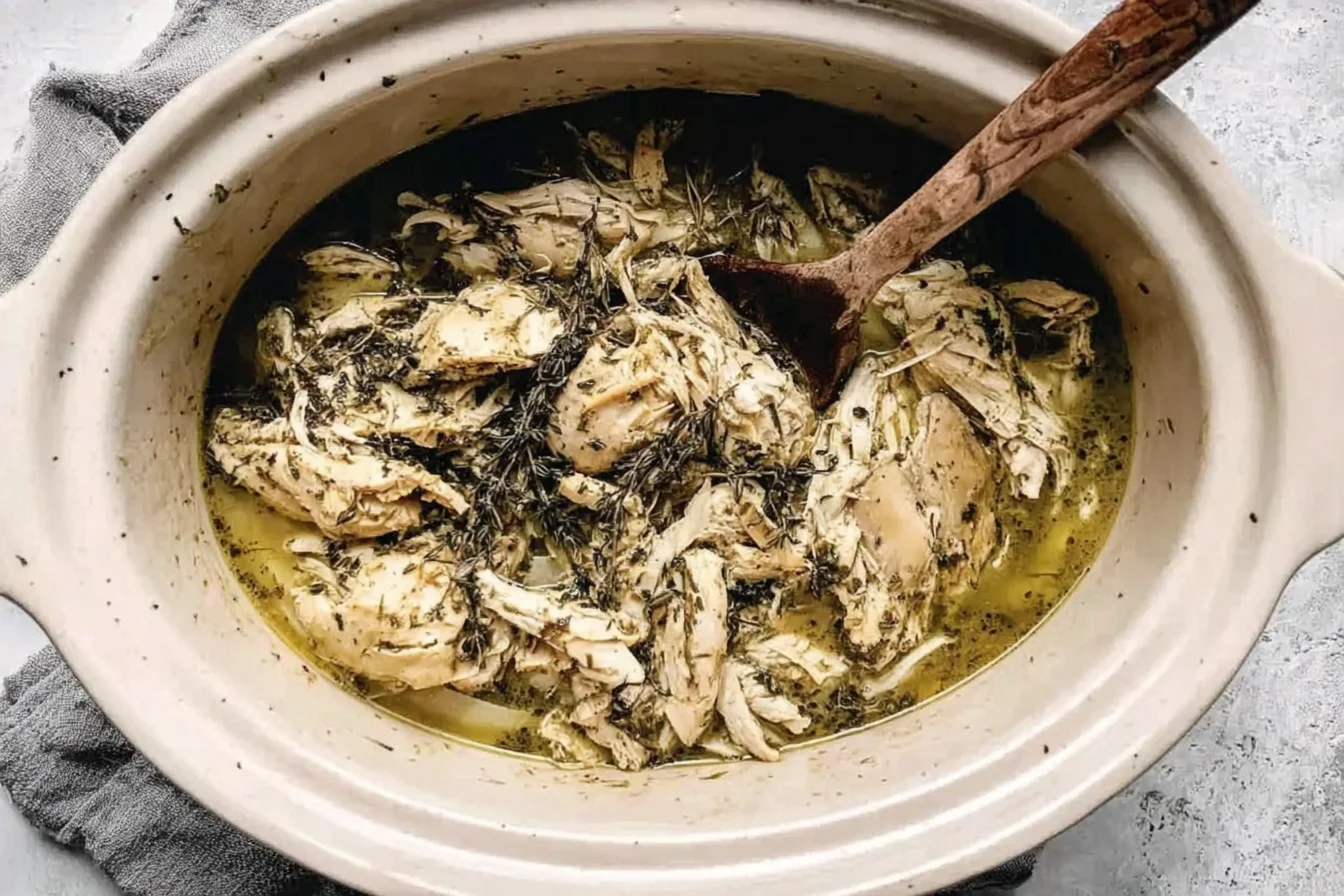 Slow Cooker Greek Chicken Recipe cooking in a crockpot with shredded lemon herb chicken, onions, and savory juices ready to serve.