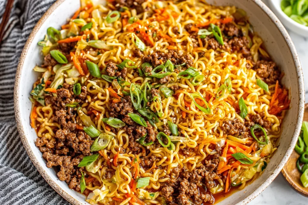 Slow Cooker Ramen Noodles with Ground Beef garnished with green onions and sesame seeds