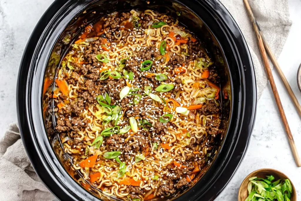 Slow Cooker Ramen Noodles with Ground Beef topped with sesame seeds and green onions in a slow cooker