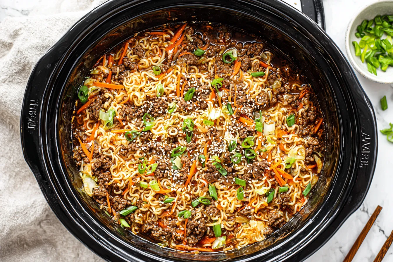 Slow Cooker Ramen Noodles with Ground Beef cooking in a crockpot with carrots, cabbage, and green onions